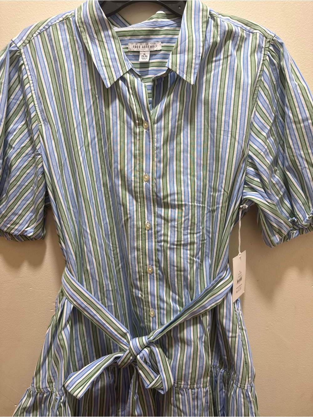 Free Assembly Blue & Green Striped Button-Down Tie-Waist Dress